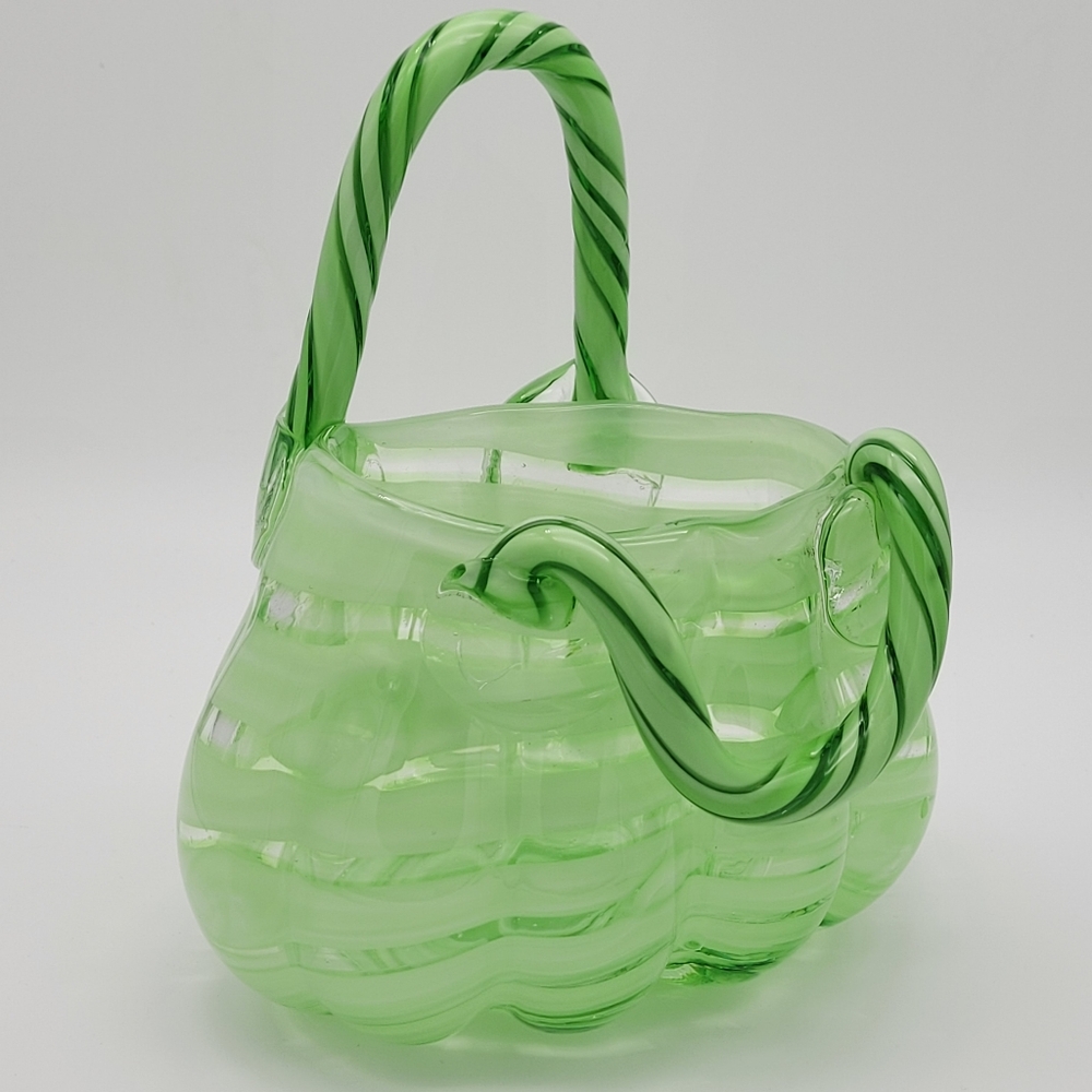 Block Crystal Murano-Style Art Glass Mint Green Striped Basket Purse